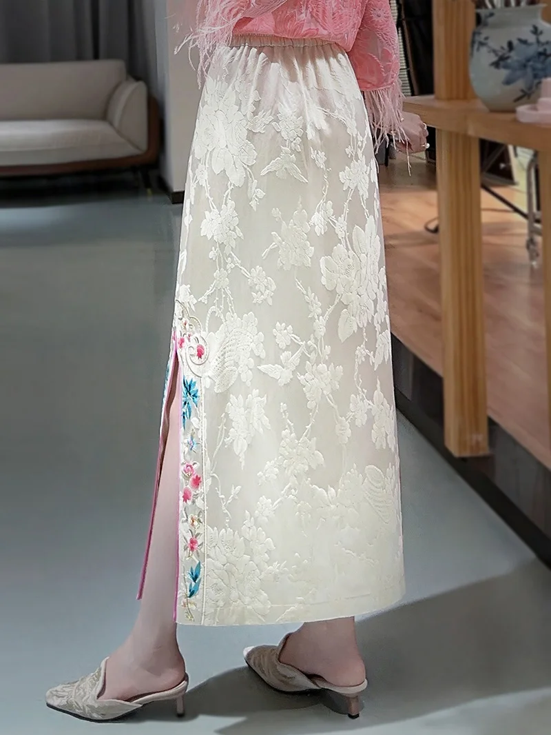 Elegant National Style Hanfu Long A-Line Skirt with Embroidery And Flounce Half-length Women's Skirt Comfortable Soft Polyester