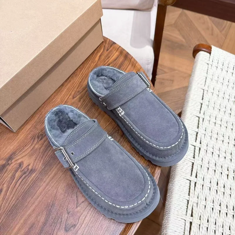 Women Casual Sheepskin Leather Slippers 2026 Winter Warm Thick Sole Retro Buckle Fur Lining Cotton Shoes Brown