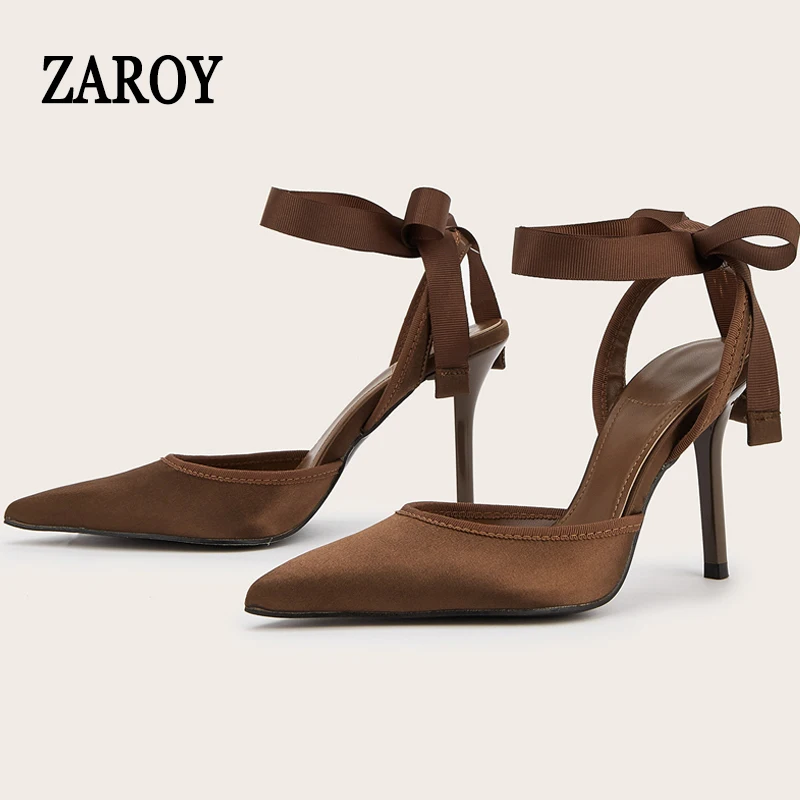 

ZAROY Silk Fashion Heeled Sandals Women Thin High Heels Mules Shoes Pointed Toe Slingback Satin Ankle Strap Pumps Party Zapatos