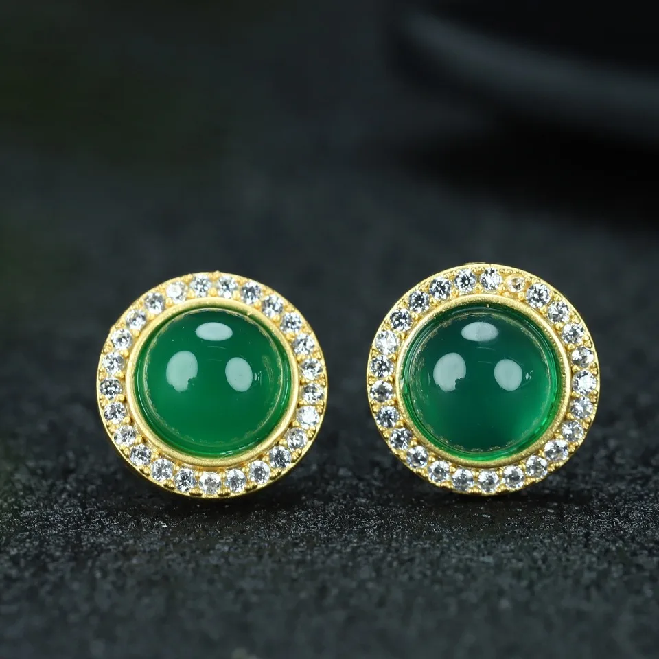 

National fashion style ancient method inlaid natural jade egg-faced jade earrings stud earrings