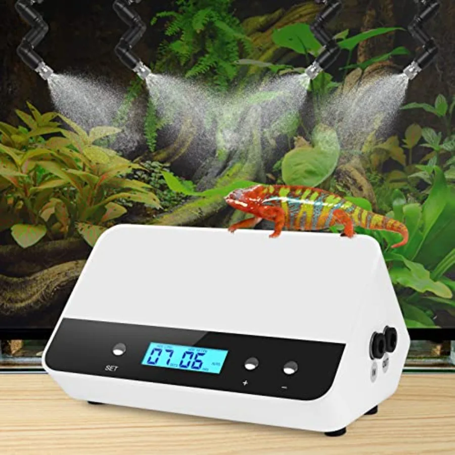 

Automatic Reptile Mister with 4 Nozzles 360° Adjustable Spray Timer Control and External Reservoir for Terrariums
