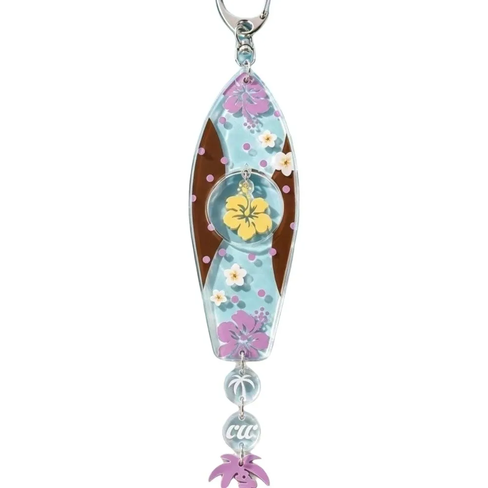 Hawaiian Surfboard Shaped Keychain Acrylic Flower Pattern Hibiscus Key Rings Double-Sided Handmade Palm Tree Keychain Summer