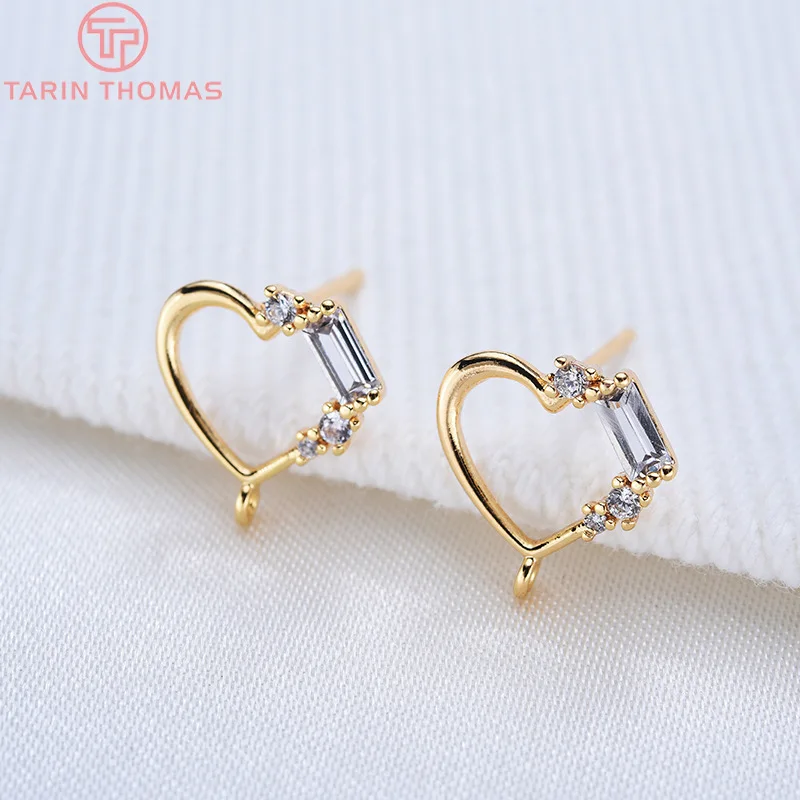 (2407)4PCS 11MM 24K Gold Color Brass with Zircon Heart Shaped Stud Earrings High Quality Jewelry Accessories