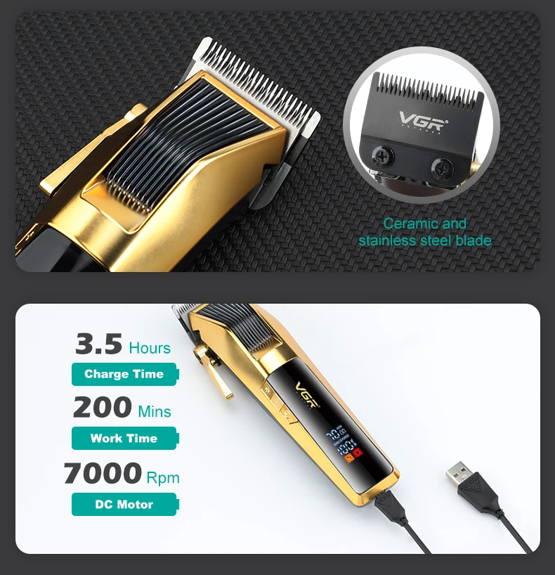 VGR 177 หัวน้ํามันแกะสลักไฟฟ้า PUSH Clipper USB ชาร์จผม Trimmer โลหะ LCD ไฟฟ้าปรับผม Clipper