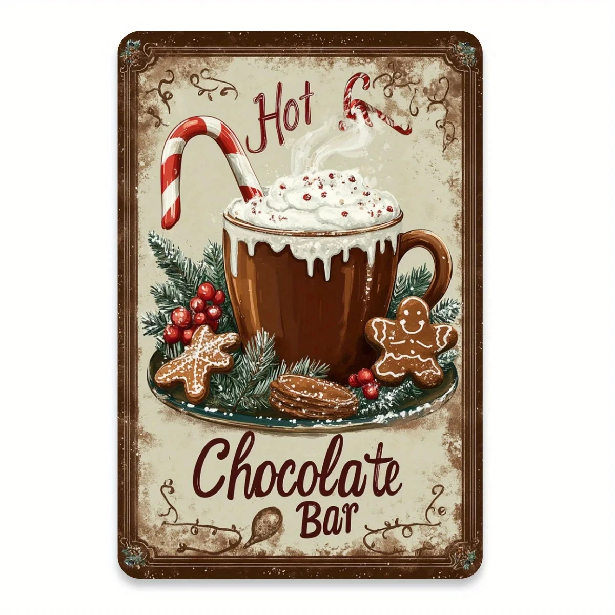 An Iron Sign Decorated with Vintage Hot Chocolate Bars - 8X12 Vintage Wall Art, Suitable for Home, Cafe, and Garage Decoration, Christmas
