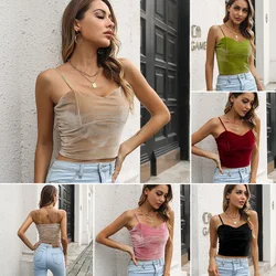 Sexy Tank Top V Neck Velvet Halter Crop Tops Women Camis Backless Camisole Fashion Tube Top Female Sleeveless Cropped Vest