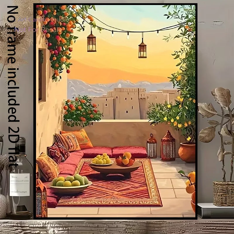 2D Flat, 2D Flat, [2D Flat] 1pc Decorative Canvas Painting Moroccan Style Balcony Landscape, Mountains And Buildings at Sunse