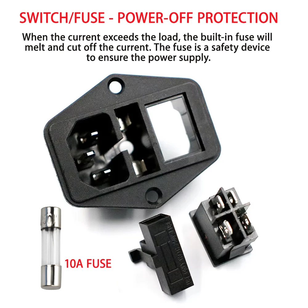 High quality Black Red 10A AC 250V 3 Terminal Power Socket with Fuse Holder Rocker Switch NEW AC Power Cord Inlet Plug Socket