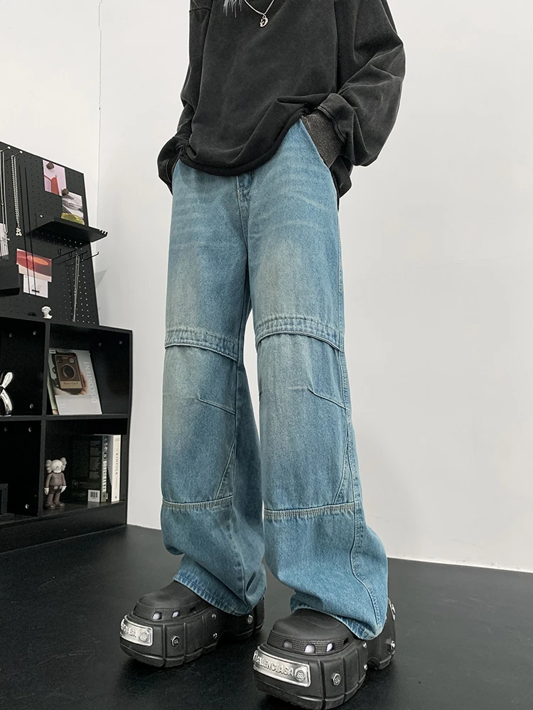 Jeans lavado solto para homens, fitness para pernas largas, temperamento bonito, branqueado, normcore chique, harajuku, estilo japonês sólido