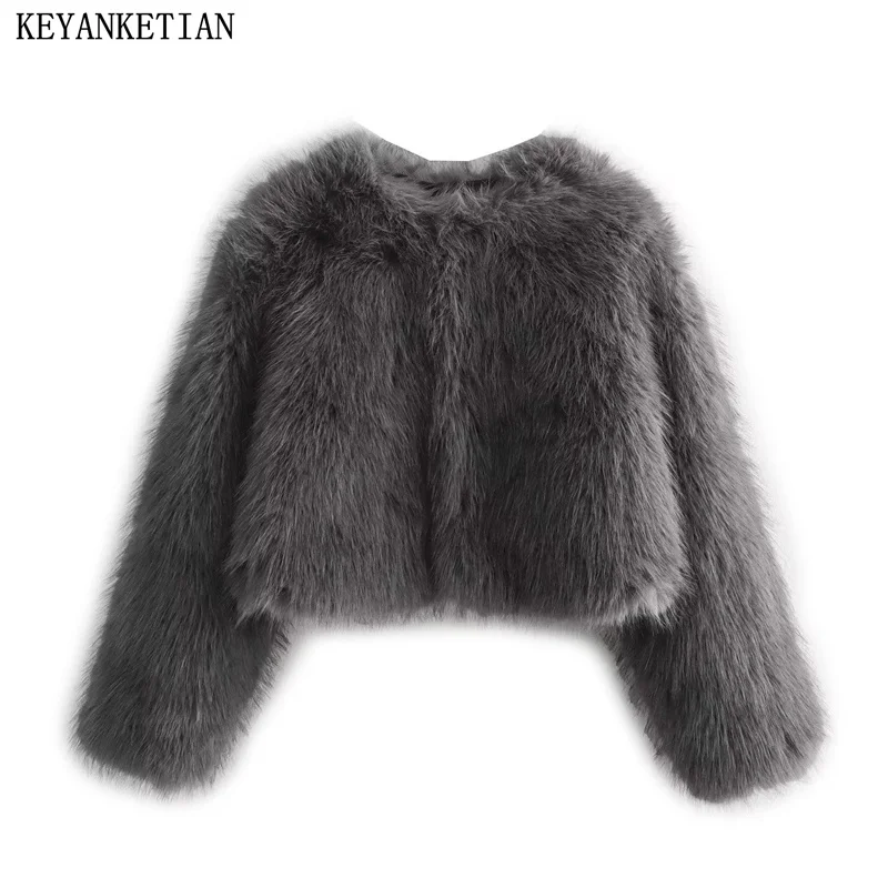 KEYANKETIAN Winter New Women Faux Fur Short Jacket Fashion Fly Button-up Soft Touch Luxury Jaqueta Feminina Thick Warm Crop Top