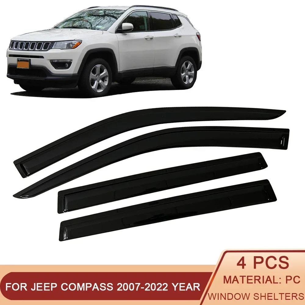 

For Jeep Compass 2007-2022 Auto Side Window Wind Deflectors Visors Black Rain Guard Door Visor Vent Shades Dark Smoke Ventvisor