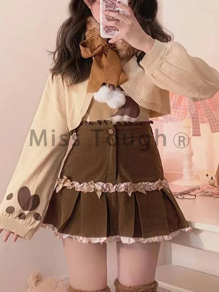 Brown Japanese Lolita Two-piece Tops Women Slim Sweet Kawaii Top Suit Female Autumn Bow Knit Vest + Long Sleeve Casual Cardigan