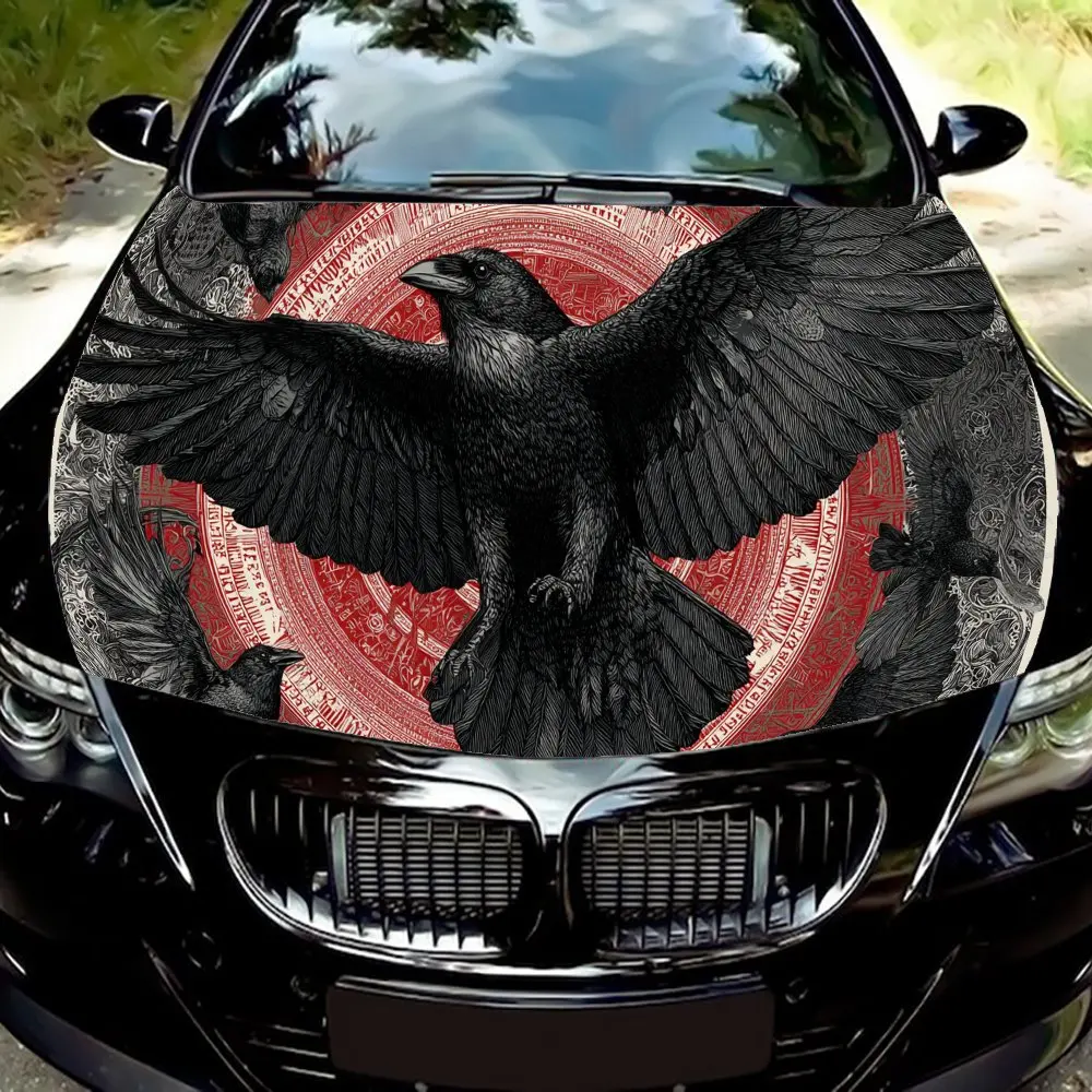 

Red Rune Black Raven Print PVC Car Vinyl Wraps, Self-Adhesive Waterproof Car Hood Decal Sticker, Car Decoration Protection Stick
