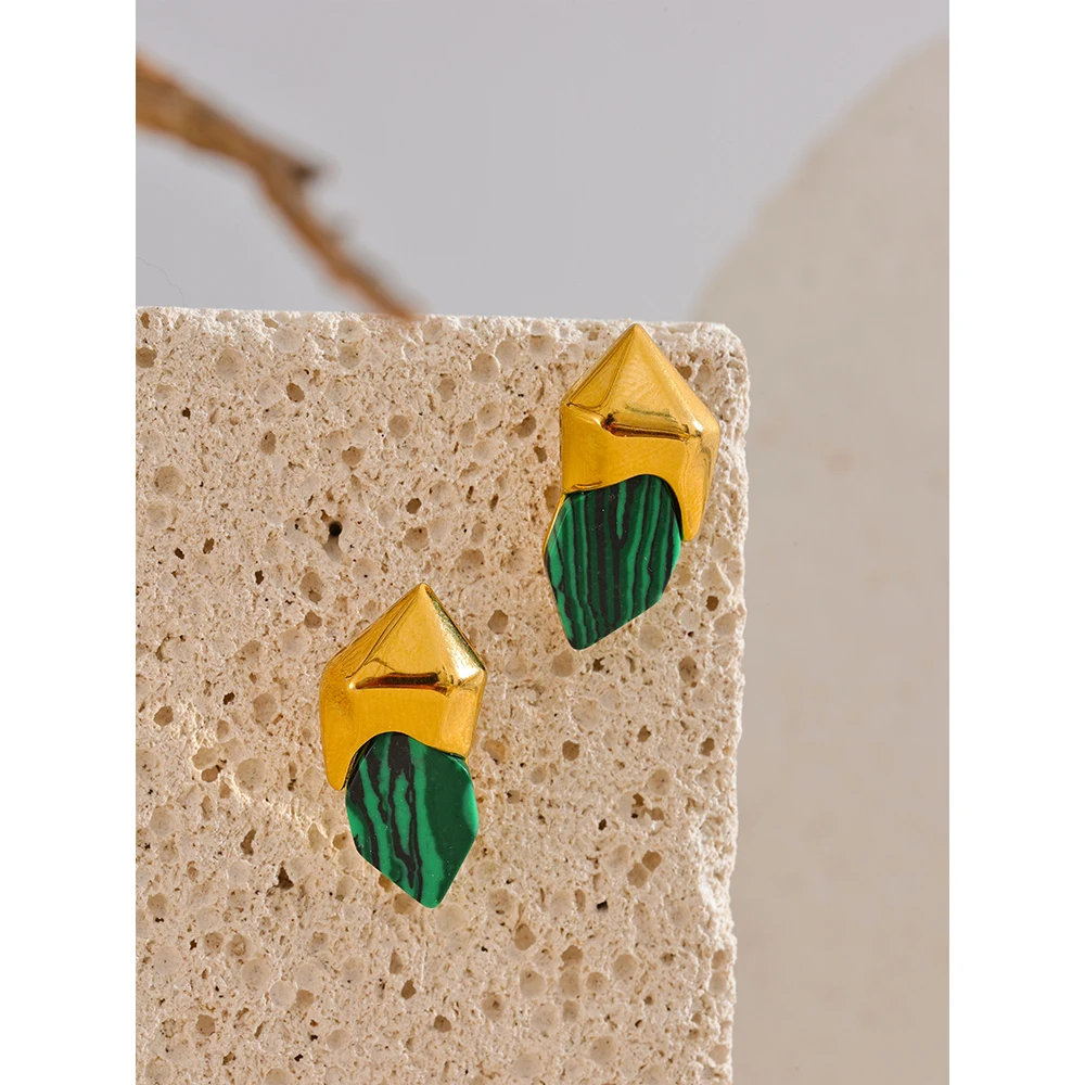 Yhpup 316L Stainless Steel Malachite Stone Geometric Green Stud Earrings High Quality Golden Fashion Jewelry Accessories Gift