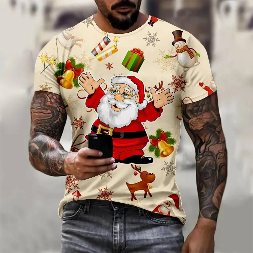 Santa Claus Print T Shirt For Men New Year Party Fashion Clothing Christmas Harajuku Short Sleeve O-neck Tops Oversized T-shirts