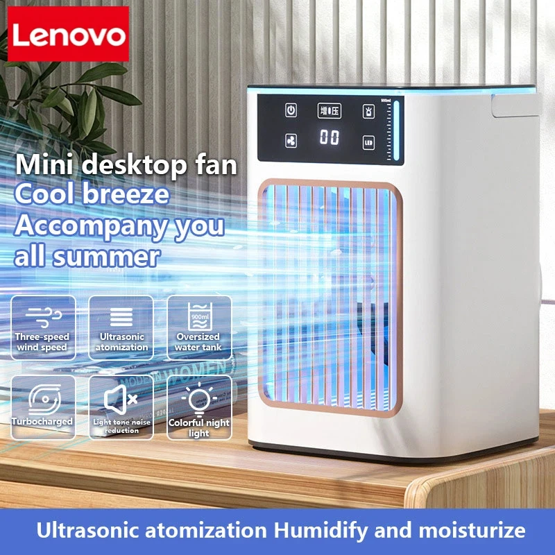 Lenovo USB Air Cooler Portable Desktop Cooling Fan With Humidifier Dual Mist Spray Water Tank With Ice Box For Bedroom Home