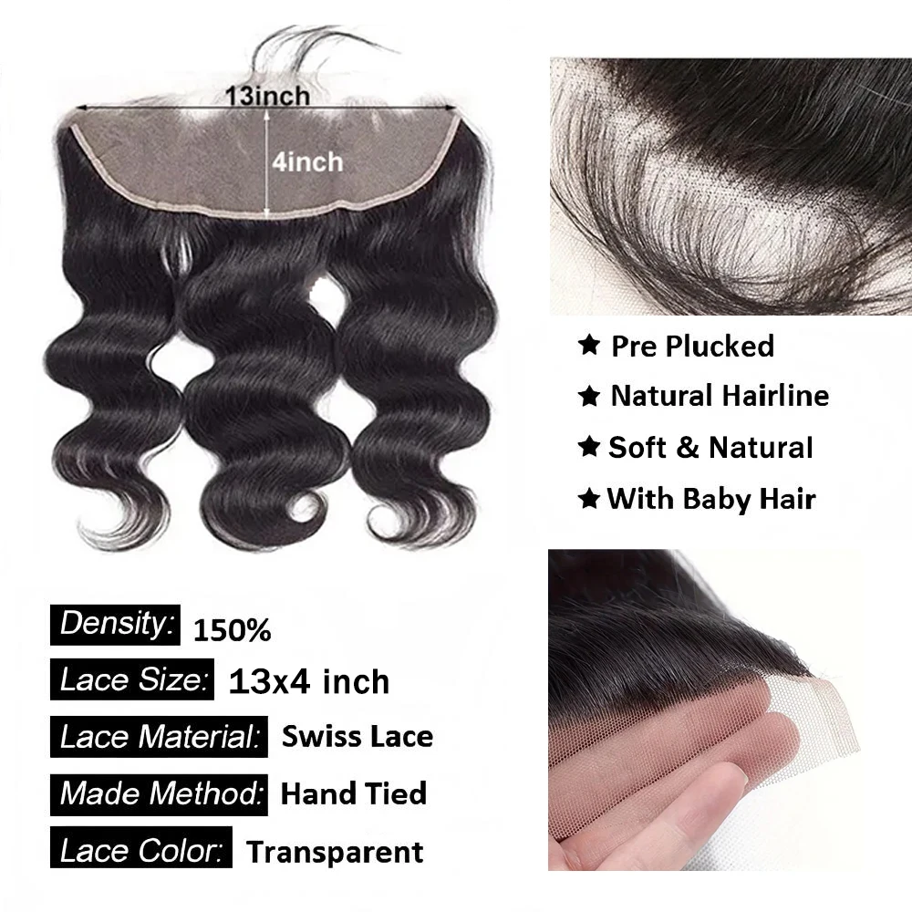 Body Wave 13x4 Lace Frontal Only Brazilian 100% Human Hair Extensions Transparent Swiss Lace Pre Plucked with Baby Hair