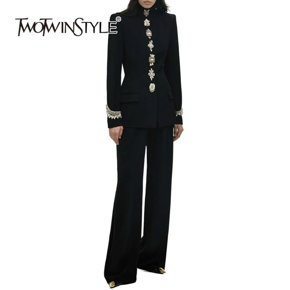 

TWOTWINSTYLE Slimming Two Piece Sets for Women Stand Neck Long Sleeves Spliced Bead Blazer Wide Leg Pant Fashion Set Female New