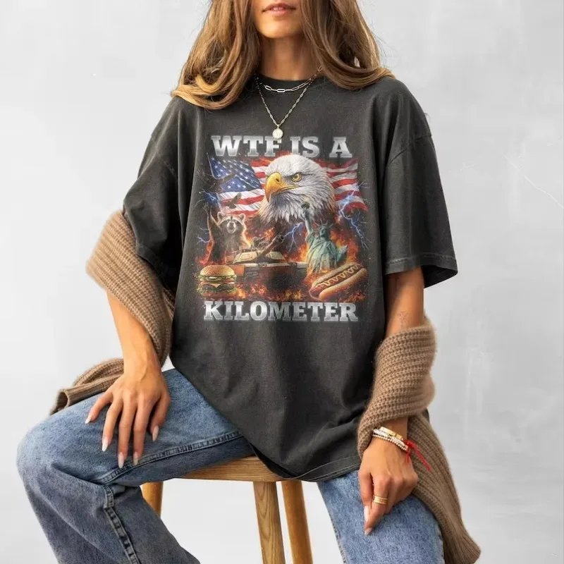 WTF Is A Fun Patriotic American Eagle Pattern T-shirt with A Kilometer Shirt, Suitable for Both Men and Women All Year Round