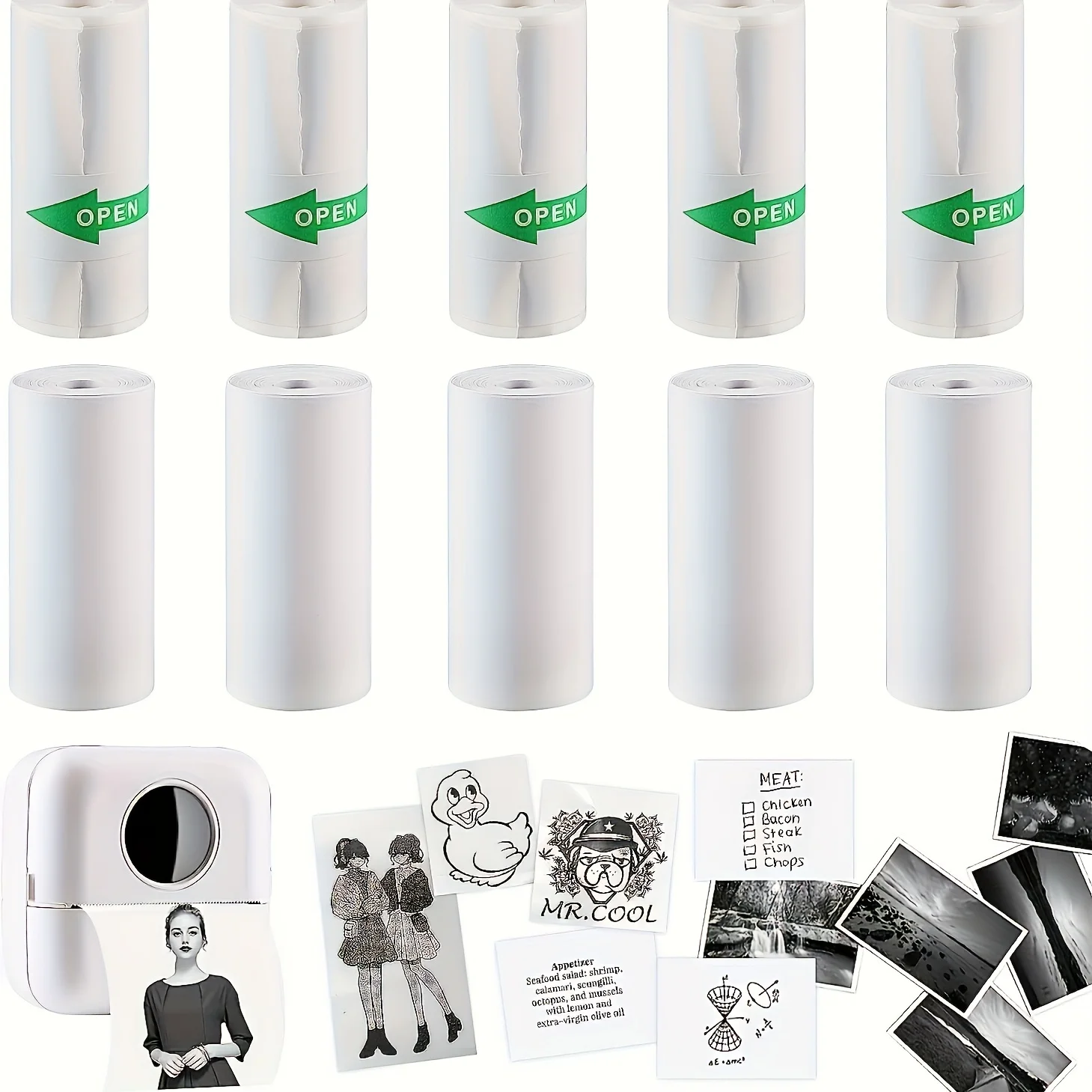 10 Rolls 57mm White Thermal Sticker Paper - Self-Adhesive Labels for Pocket Printers, Photo/Notes/Journals/Diary No Ink Printing