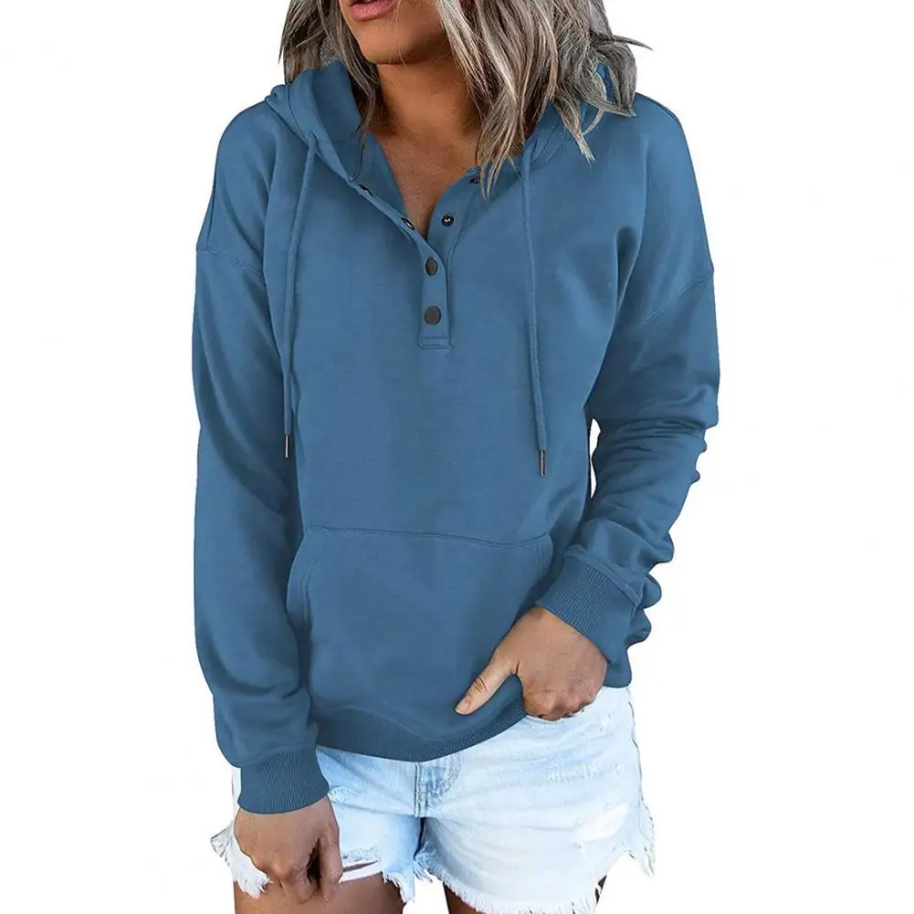 Sudadera con capucha de manga larga para mujer, Jersey holgado con bolsillo grande, botón de decoración, cordón, informal, cálido, puño elástico, Top de otoño e invierno