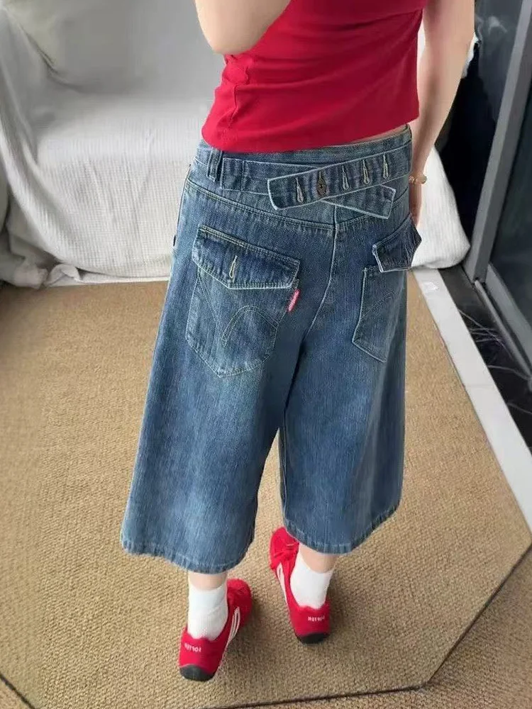 

American Design Paris Adjustable Buckle Denim Women's Summer New Spicy Retro Wide Leg Seven-Foot Pants High Waist Loose Fit