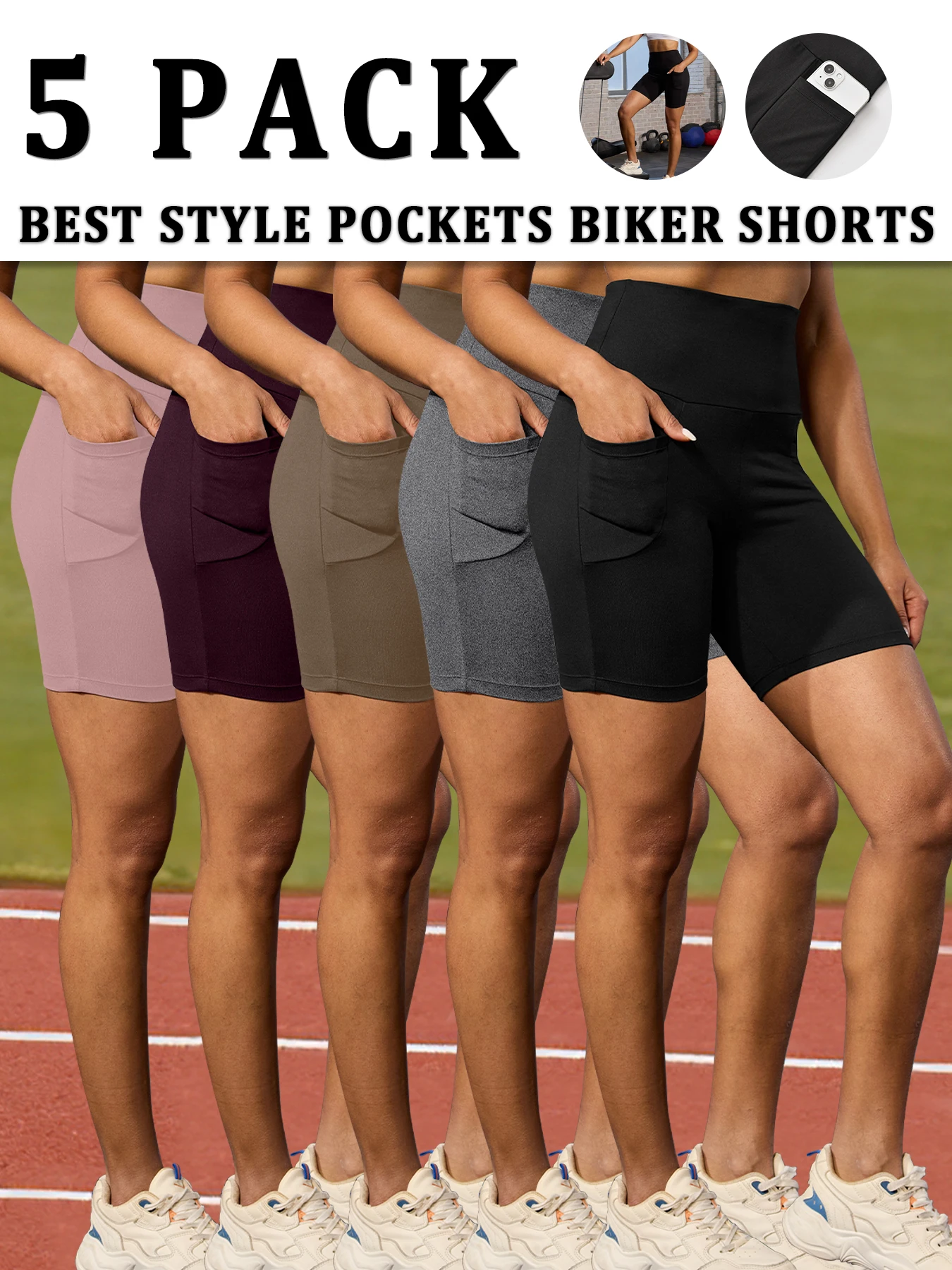 

5 Pack High Waisted Biker For Women With Pockets Tummy Control No See Through Workout Running Yoga Push Up Gym Fitness Shorts