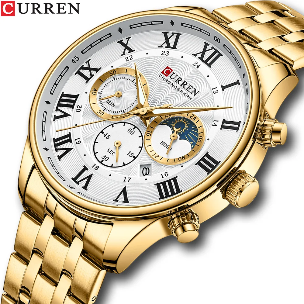 CURREN 8427 Men's Quartz Watch Fashion Business Calendar Stainless Steel Strap Silver Gold Wristwatch for Male