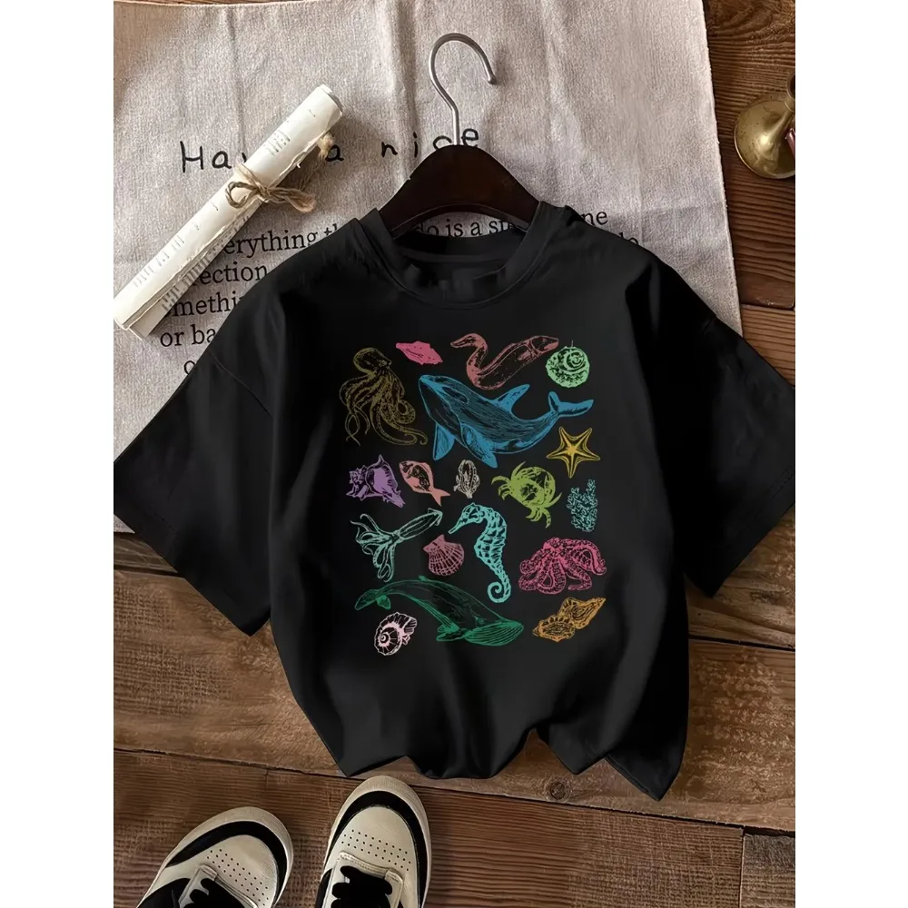 Vintage Sea Creatures Print T-Shirts Women Summer Short Sleeve Graphic Tee Marine Life O-Neck Loose Tops Casual Fashion Clothing