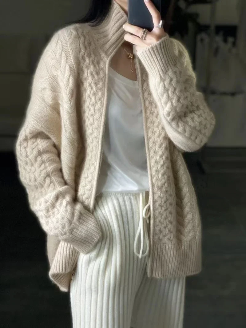 New Thick Turtleneck 100% Wool Knitted Cardigan Autumn Winter  Women\'s Loose Warm Sweater Cardigans Larg Size Female Jacket Top