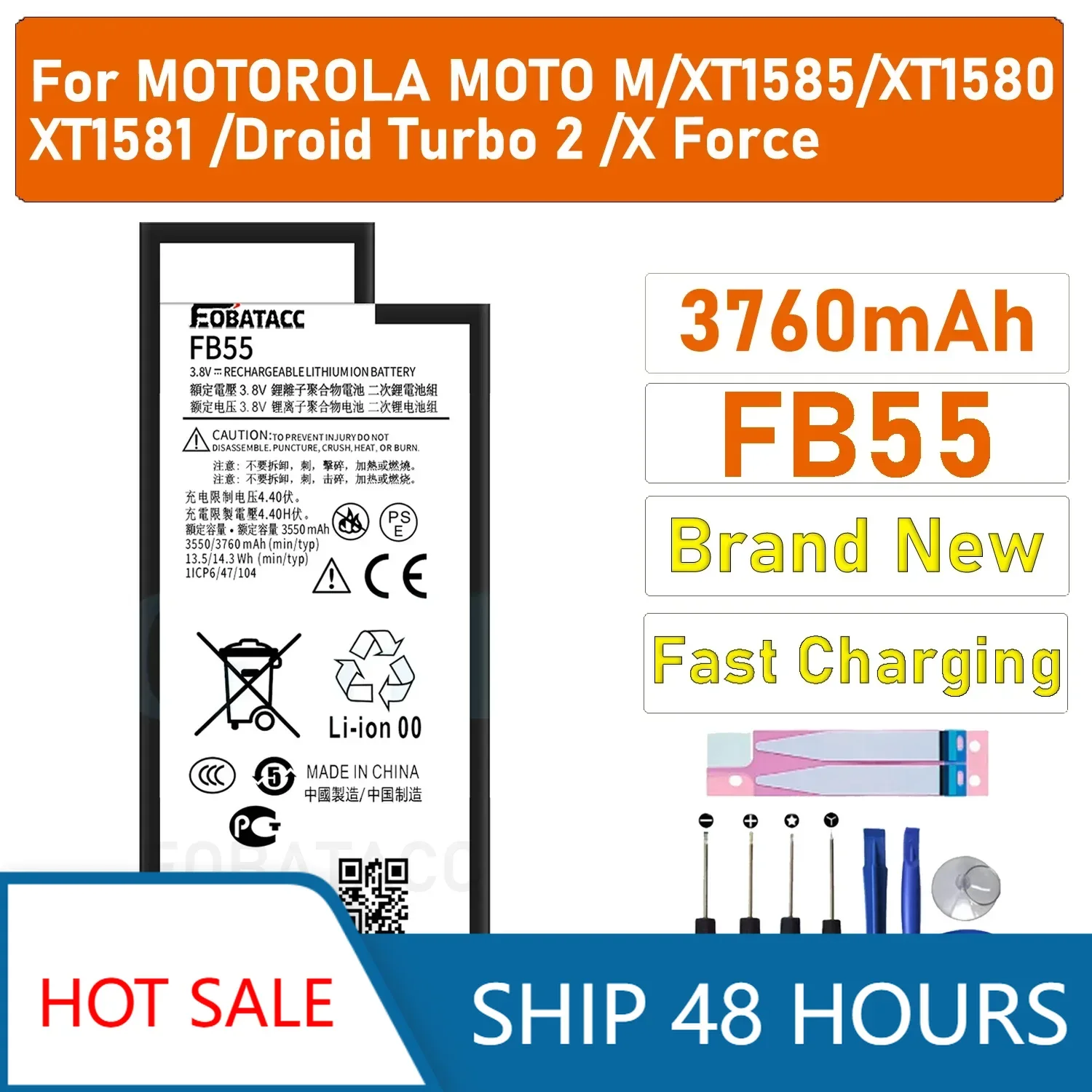 FB55 High Quality Replacement Battery For MOTO M/Z/X Droid Turbo 2 XT1585 X Force XT1580 XT1581 Lithium New Batteries