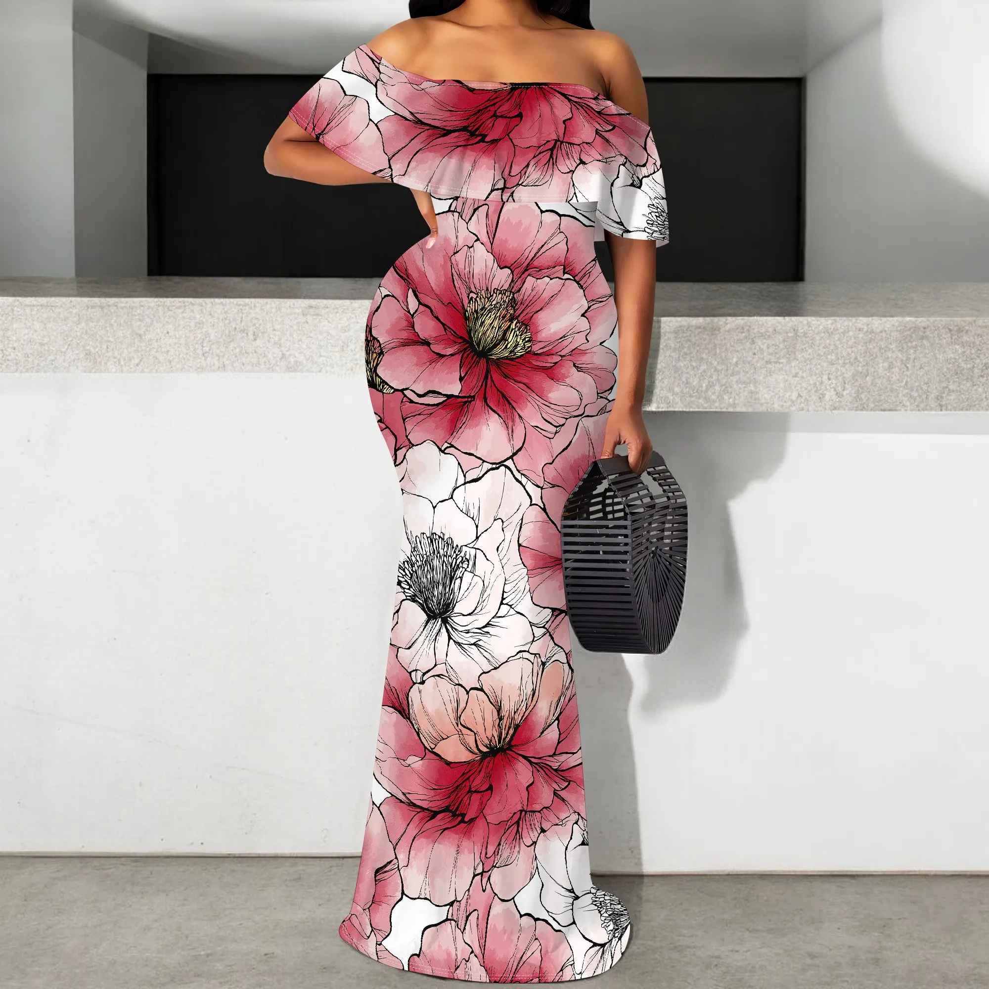 

Red Floral Sketch Print Maxi Dress S-3XL Off Shoulder Ruffle Style for Garden Wedding, Brunch or Elegant Summer Look