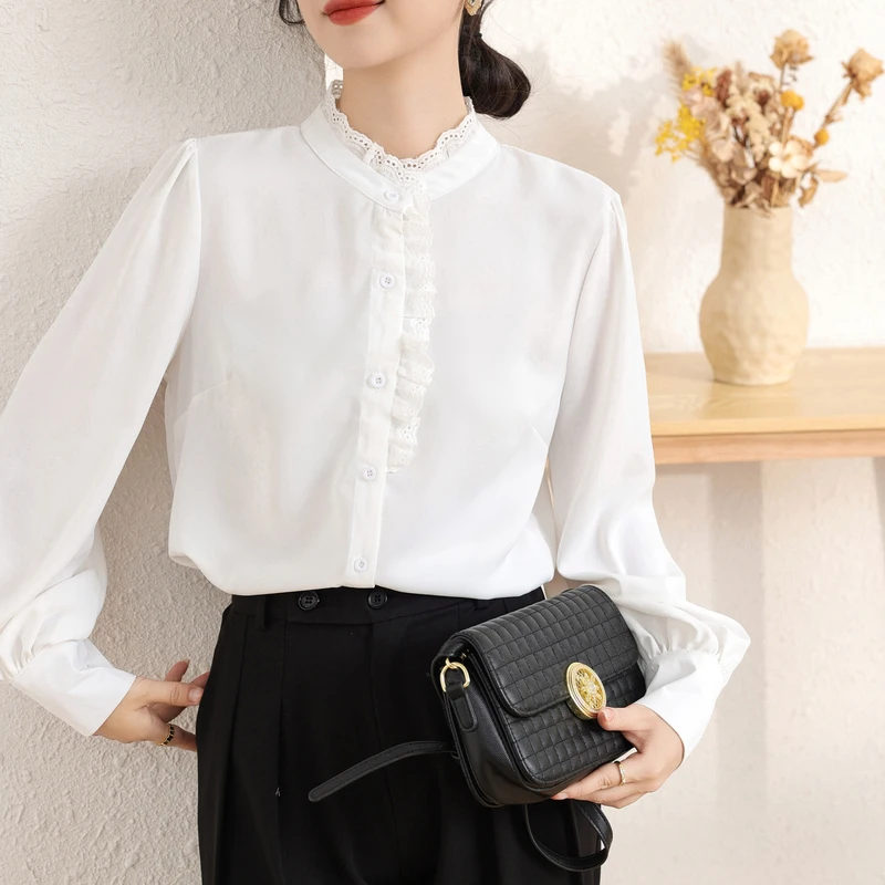 Autumn Korean Chiffon White Women's Blouse 2023 New Long Sleeve Single Breasted Workwear Casual Office Shirts Tops Female