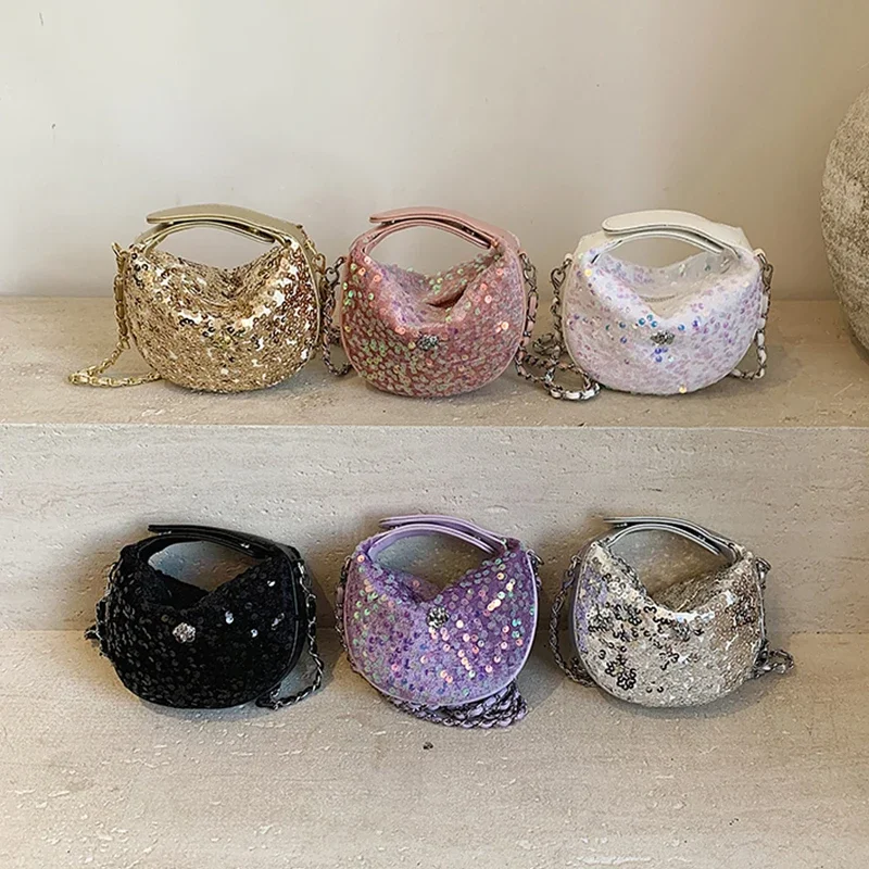 

Purple Clutch Bag Women Fashion Hobo Crossbody Bag Vintage Pearl Chain Handbag Luxury Shiny Sequin Evening Bag Party Purse