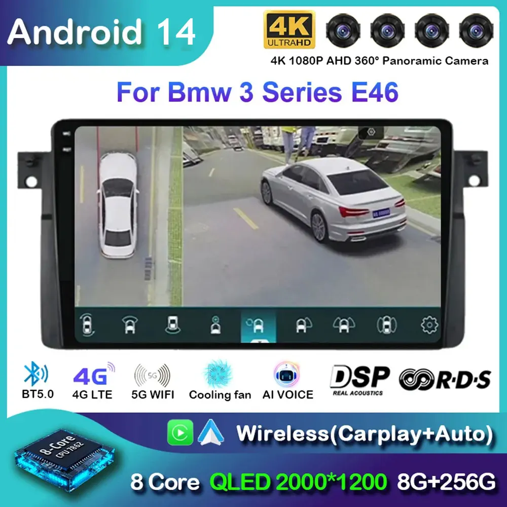 Android 14 Carplay Car Radio For BMW E46 M3 1998 1999 2000 2001 - 2006 Navigation GPS Multimedia Player stereo wifi+4G BT 2 DIN