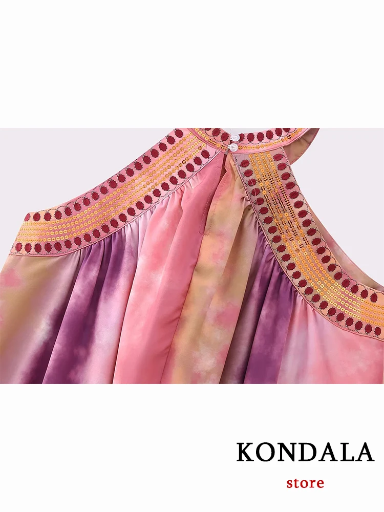 KONDALA Vintage Print Tie Dye Sequined Fashion 2023 Sleeveless Women Vintage Cross Halter Folk Holiday Oversized Mujer Vestido