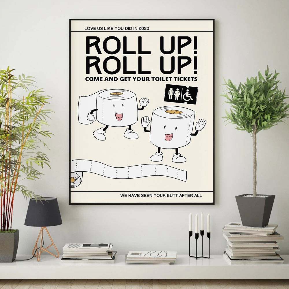 Roll Up Toilet Paper Retro Character Print Fun Bathroom Poster Retro Mascot Cartoon Toilet Roll Pictures Humour Wall Painting