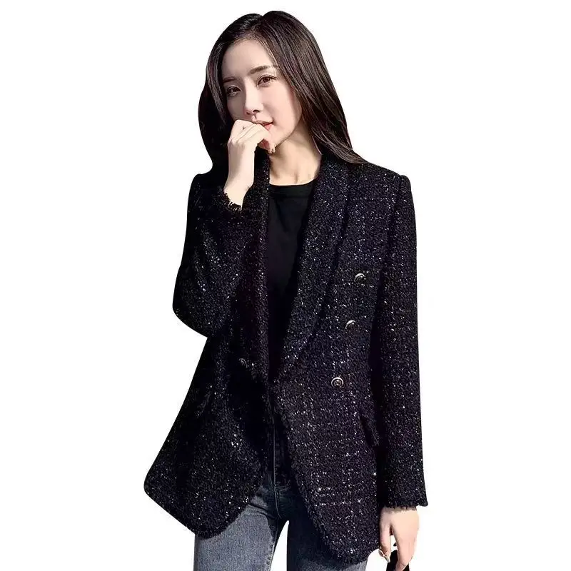 

Small Fragrant Style Suit Jacket for Women 2026 New Autumn Winter Fashion Slim High-end Woolen Coat Black Woolen Suit Coat