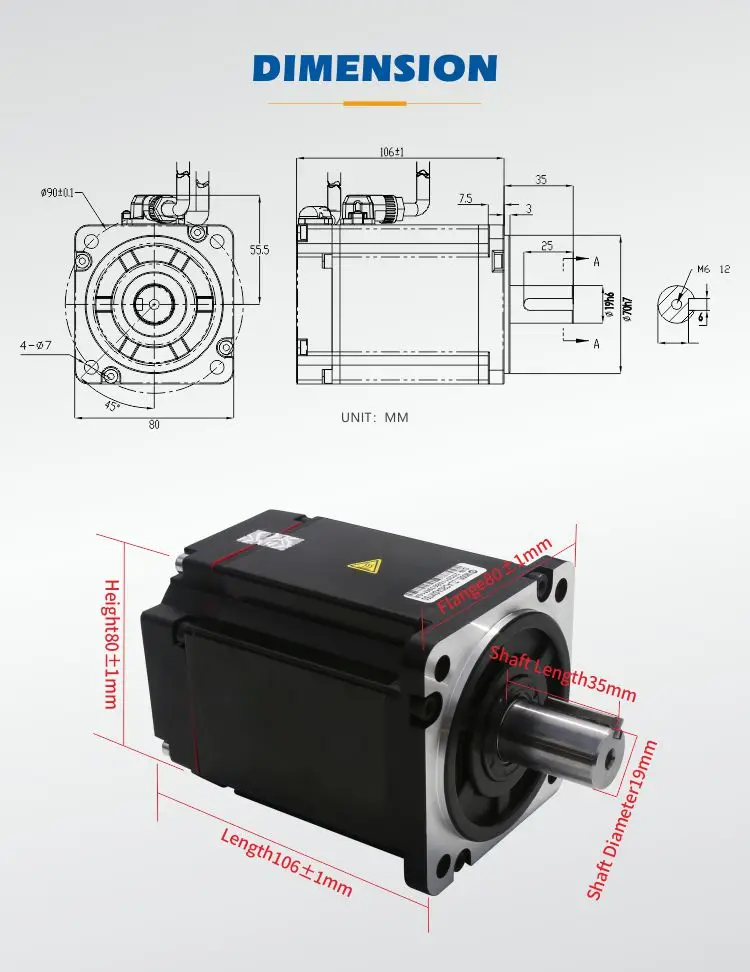 3 Phase 33 80mm 48V 750W 2.38N.m 3000RPM 19.5A Keyway Brushless Dc Servo Motor With 2500-wire Encoder For Robot Arm