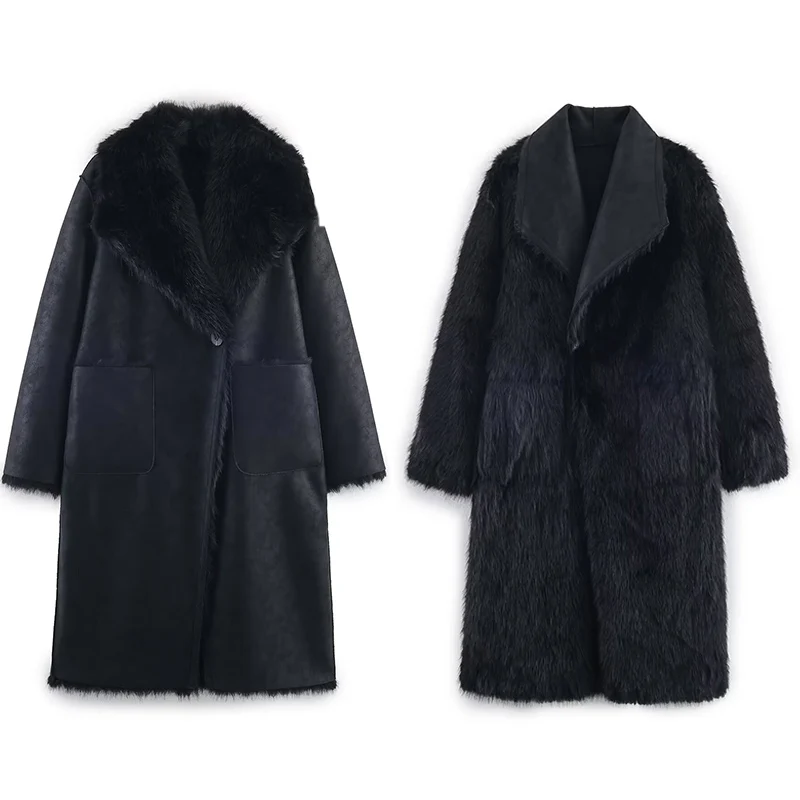 

Женское пальто из искусственного меха 2025 года, осенне-зимняя модная потертая парка с обеих сторон, утепленное пальто для женщин, повседневная шикарная женская длинная куртка