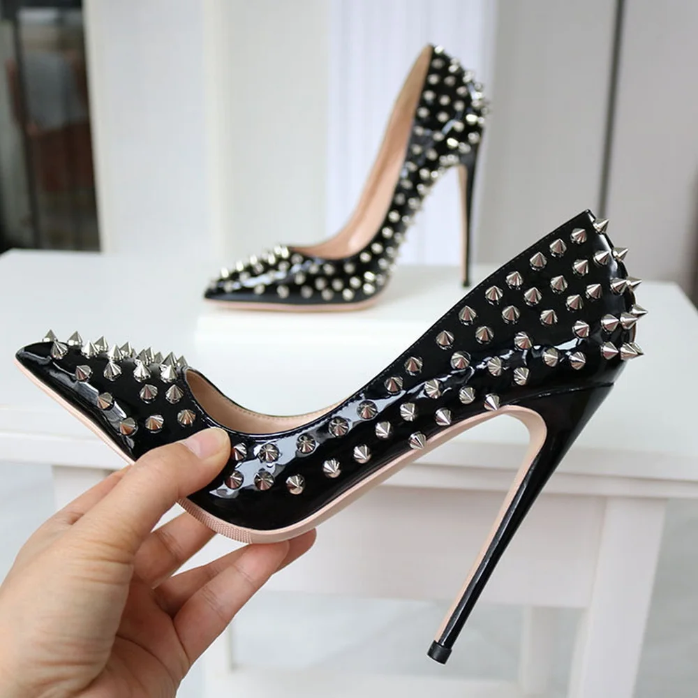 12cm Rivets High Heels,Women Pumps,Fetish Cross-dressing Shoes,Slip On,Shallow Punk Style,White,Black,Red,Pink,Silver,Dropship