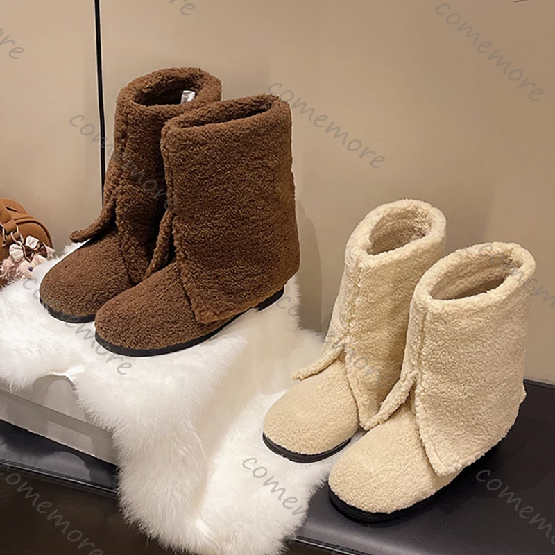 Comemore Botas de nieve cálidas de invierno para mujer, botines informales planos de Color sólido con forro de piel sintética, botines de media pantorrilla de felpa, zapatos de algodón sin cordones