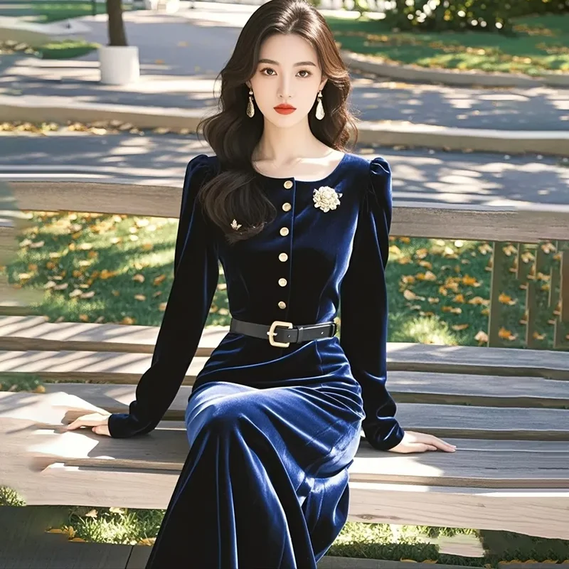 

2025 Spring Autumn French Dress Women's Light Luxury High-End Formal Occasion Temperament Thin Blue Long Dleeve Velvet Dresses