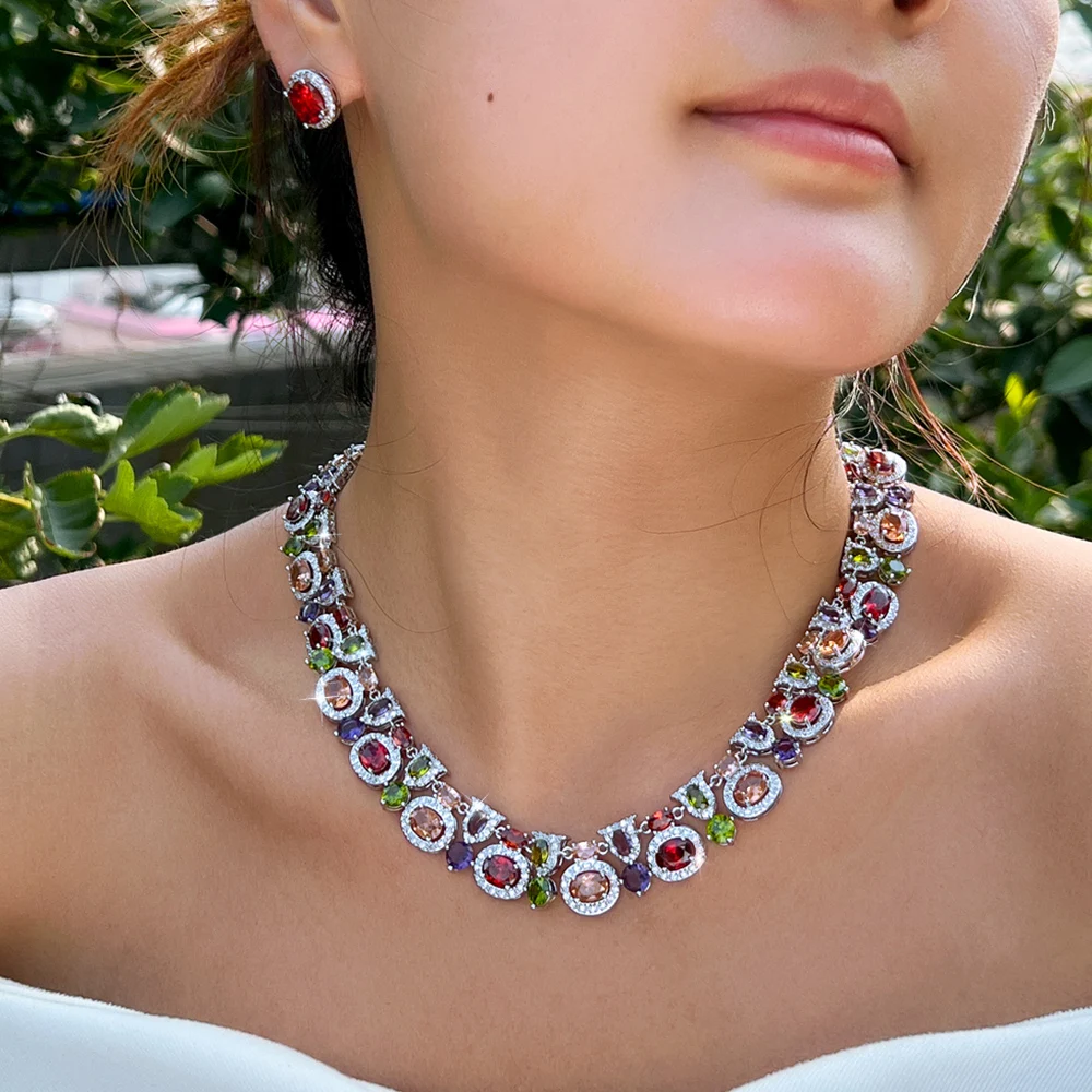 CWWZircons Luxuriöses Geometrisches Mehrfarbiges Zirkon-Ohrringe-Halsketten-Set für Frauen Boho Party Hochzeit Kostümschmuck Großhandel T0983 – Detail 4