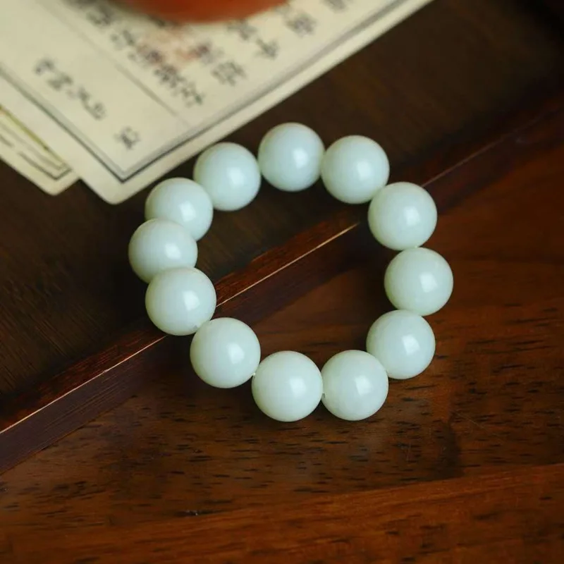 

Natural Hetian Russian Old Material Blue And White Round Jade Smooth Beads Bracele