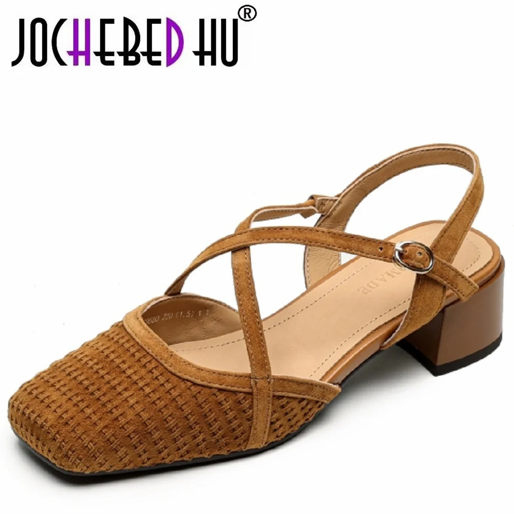 【JOCHEBED HU】Женские босоножки ручной работы из натуральной кожи с узким ремешком и Т-образным ремешком, элегантные женские летние модельные туфли на среднем каблуке 34-40