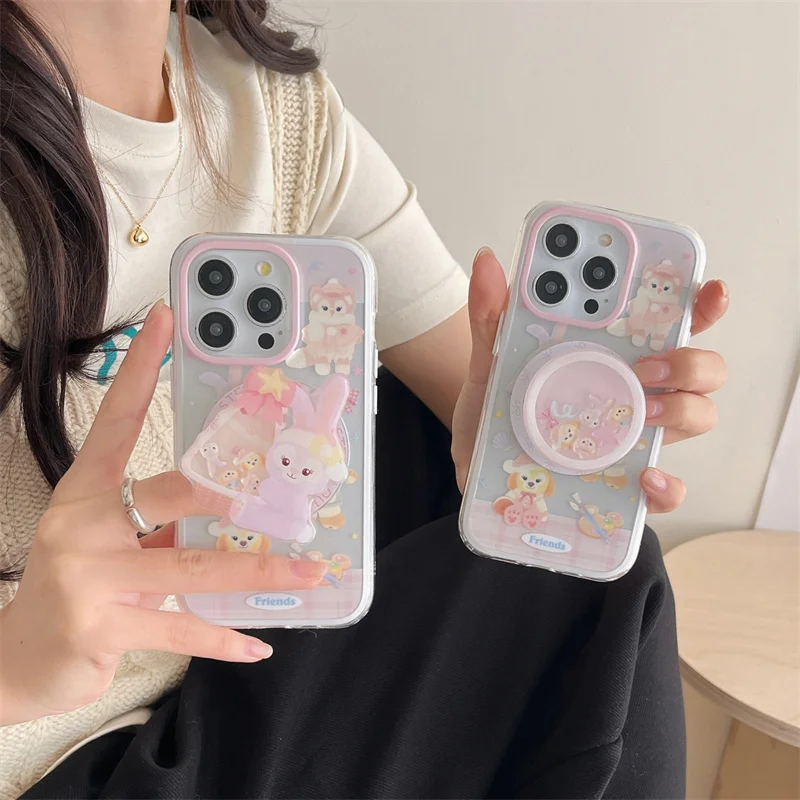 Cute Cartoon Duffy StellaLou Magsafe Wireless Charge Case For iPhone 16 Pro 15 14 13 Pro Max Disney Duffy Shake Magnetic Stand