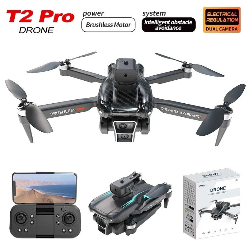 New T2 Pro Drone Electric Adjustment Dual Camera Drones Obstacle Avoidance Brushless Optical Flow Remote Control Drone Toy