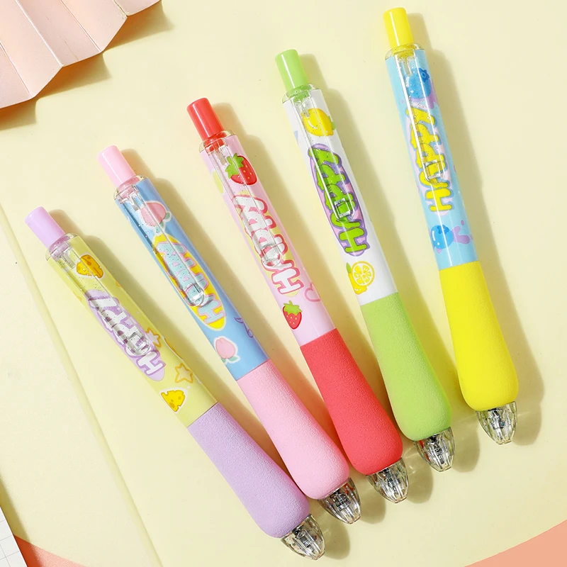 6pcs Summer Dopamine Press Gel Pens, 0.5mm Black Ink, High-value Soft-grip Soft Sponge, Cute and Exquisite Student Signature Pen