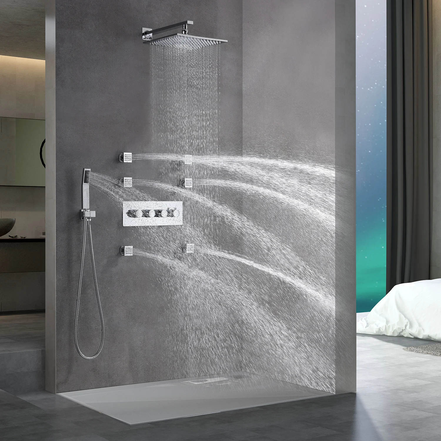 Simple Design Shower Set Luxury 10 Inch Rainfall Shower Head System With Side Jets Spa Massage Handheld Shower